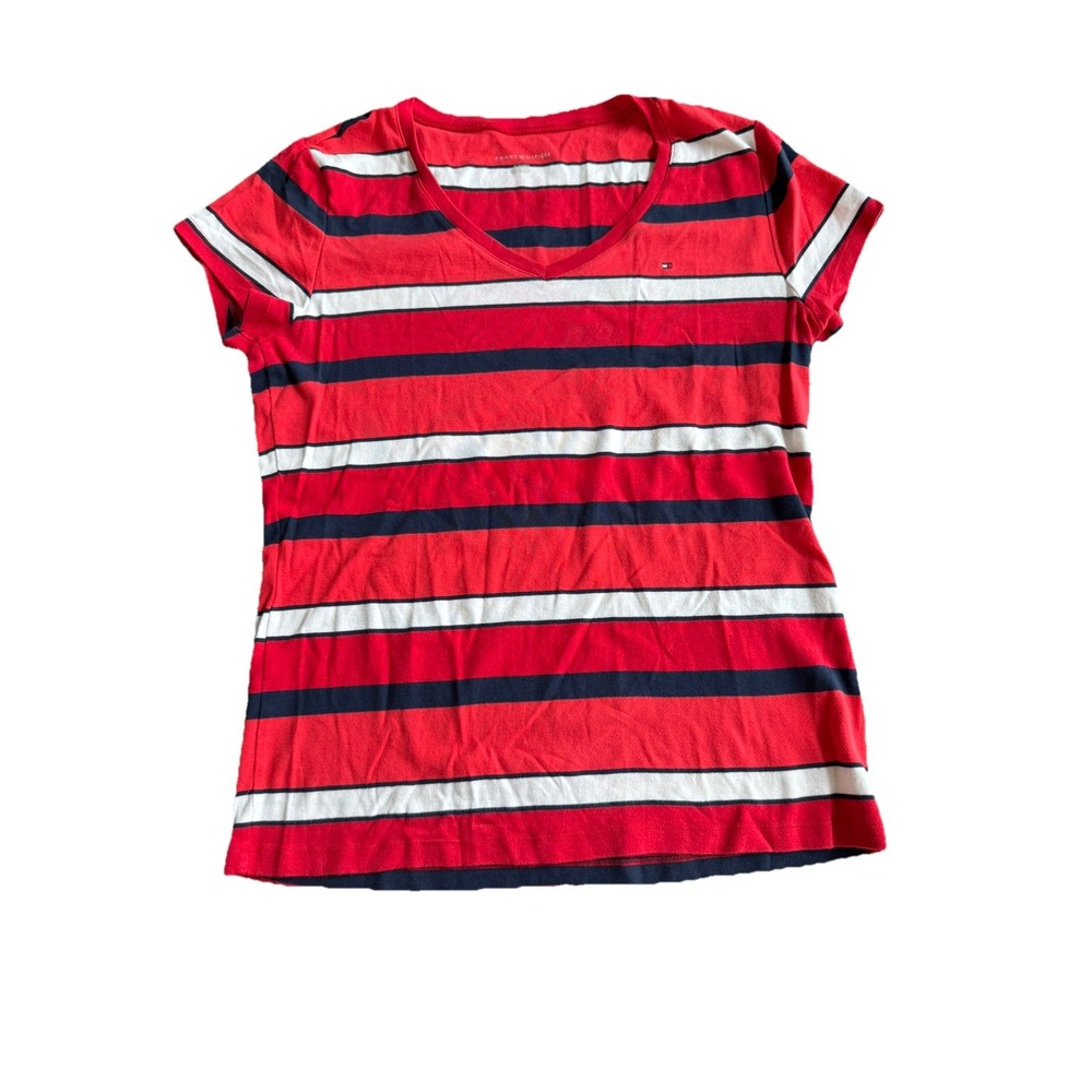 Tommy Hilfiger Womens V-Neck Striped Polo Top Red White Blue XL